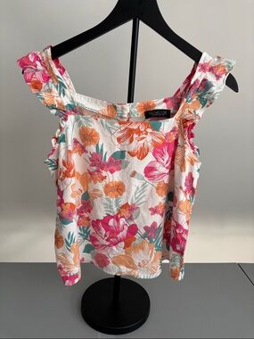 Rachel Zoe White Floral Ruffle-Strap Tank Top — Pink & Orange Print